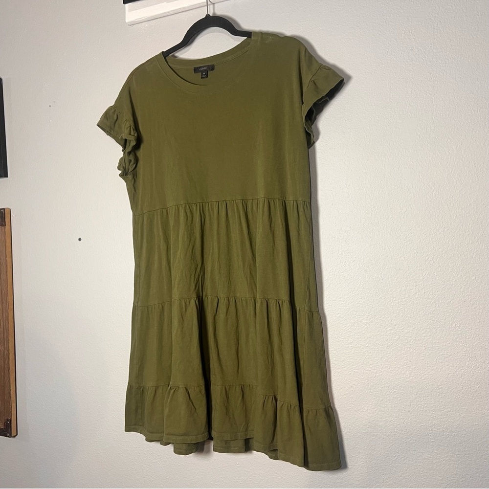 J. Crew Mini Dress Olive Green Tiered Cotton Short Sleeve Size Medium